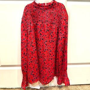 Ann Taylor - Red, navy and light blue pattern blouse with ruffle cuffs.